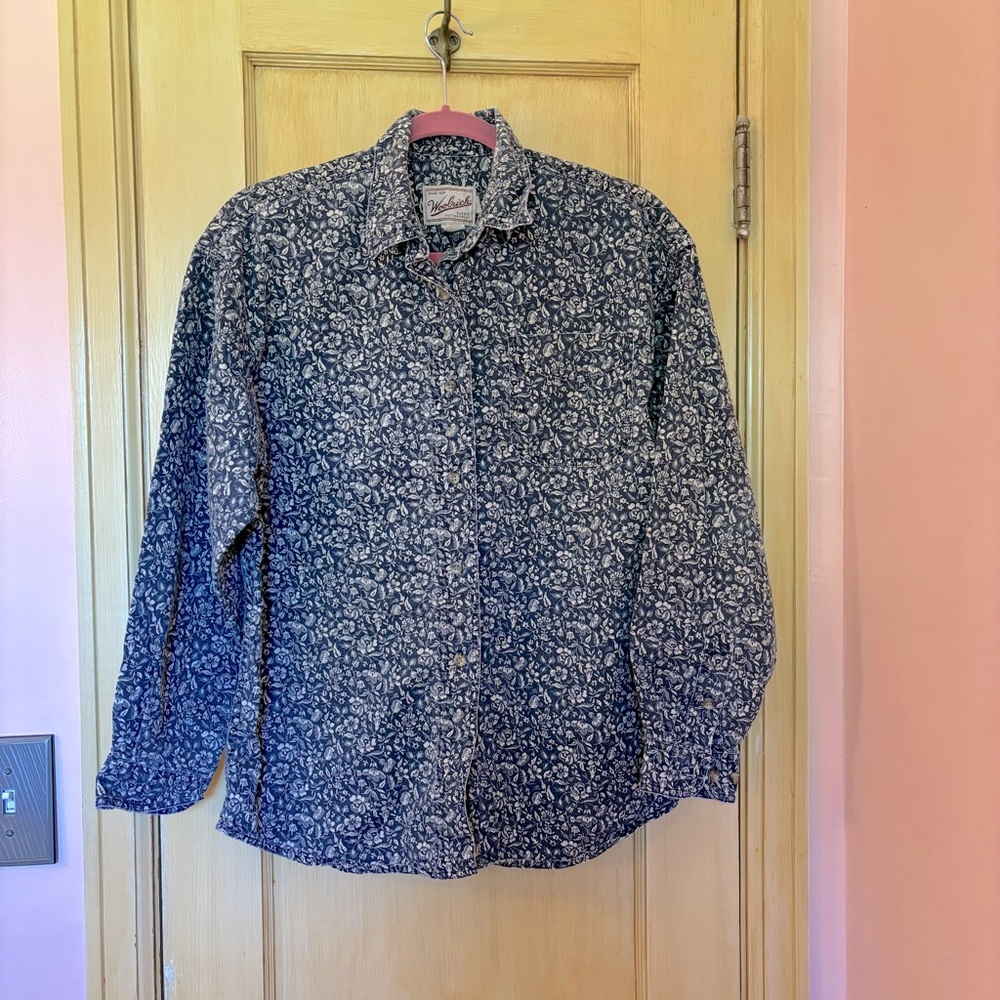 Woolrich Floral Sprigged Button Front Shirt Blue Cotton Size Medium